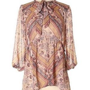 Knox Rose Womens Boho Tie Neck Floral 3/4 Sleeve Puff Tiered XL